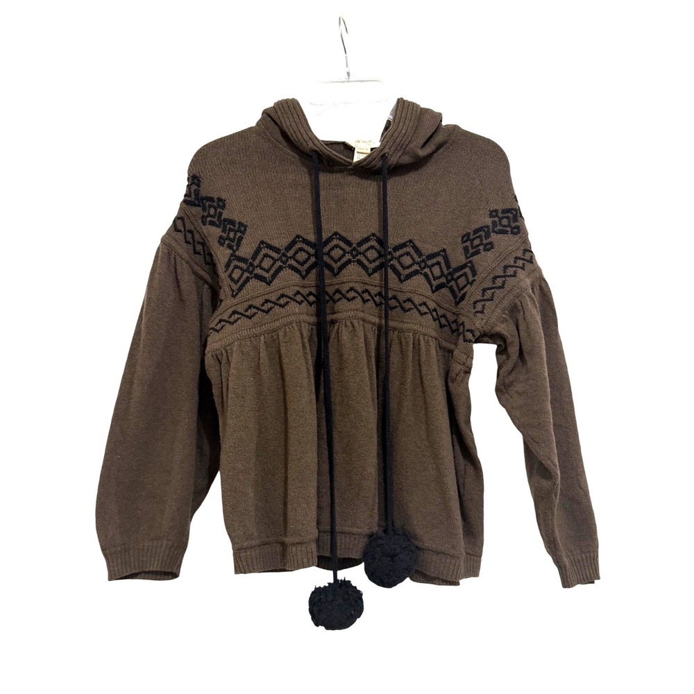Diesel Brown Wool Blend Embroidered Pom Pom Babydoll Hoodie Sweater Small